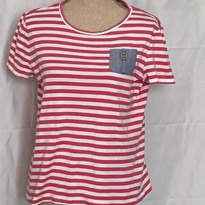 Pink and White Striped Women's Tommy Hilfiger Top with Denim Pocket READ